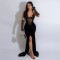Lace up neck hanging high slit solid color hot diamond dress (including mesh sleeves)