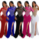 Long sleeved high slit hot diamond perspective dress for women's solid color party evening dress