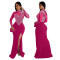 Long sleeved high slit hot diamond perspective dress for women's solid color party evening dress