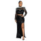Fashion round neck mesh sequin long sleeved top paired with high slit long skirt two-piece set