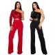 Fashionable single shoulder sleeve sequin patchwork Zhigong fabric slim fit jumpsuit