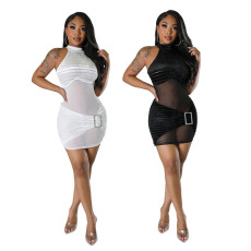 Fashionable round neck sleeveless buttocks wrapped A-line sexy dress for women