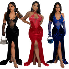 Lace up neck hanging high slit solid color hot diamond dress (including mesh sleeves)