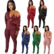 European Large Women's Solid Color Pit Stripe Cotton Three Piece Fashion Set