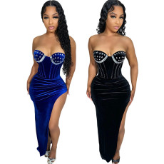 Sexy strapless high slit solid color hot diamond dress for women