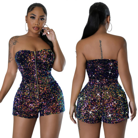 ashionable sequin strapless zippered jumpsuit