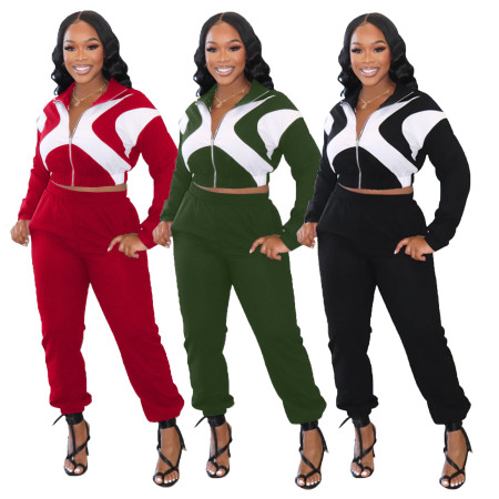 Fashion casual color contrast hoodie leg tie two-piece set