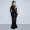 Fashion round neck mesh sequin long sleeved top paired with high slit long skirt two-piece set
