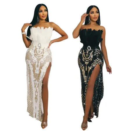 Women's strapless high slit sequin dress