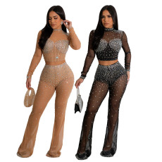 Hot Diamond Perspective Two piece Women's Set Fashion Round Neck Long sleeved Top with Slim Fit Pants