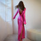 Sexy and trendy long sleeved patchwork satin backless slit dress long skirt