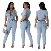 Elastic waist, slim fit, elastic small ankle, stir fried flower washed denim jumpsuit