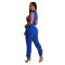 Solid color side button long zipper with 4 pockets jumpsuit
