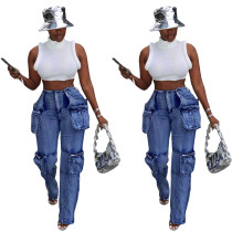 Casual versatile multi pocket workwear pants, mid rise washed straight leg jeans