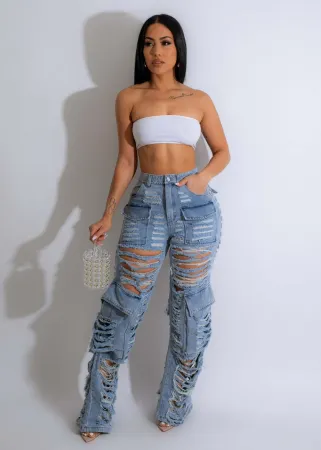 Fashionable and sexy distressed washed work bag jeans