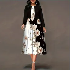 Women's tank top dress, cardigan two-piece set, flower printed round neck mid length skirt set