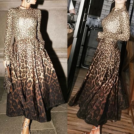 Leopard print elegant dress long sleeved round neck slim fit long skirt