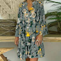 Retro printed large hem dress with flared sleeves and half cardigan midi skirt