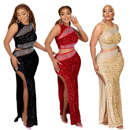 Set of two pieces for women, with a high slit and buttocks wrapped skirt and hot diamond sequins