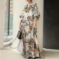 Medium sleeved long skirt, cotton and linen printed V-neck, simple and loose fitting oversized dress