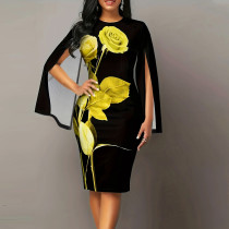 Oversized women's clothing, buttocks wrapped, round neck, cape sleeve, dress, medium length