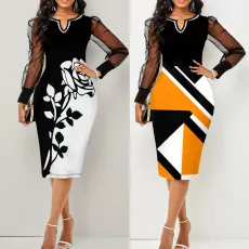 Fashionable V-neck printed mesh patchwork skirt, long sleeved slim fit, buttocks wrapped dress