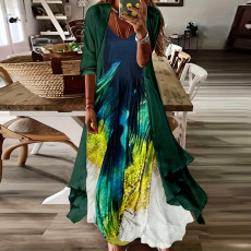 Summer women's printed vacation strap long dress with Indian style large swing skirt two-piece set