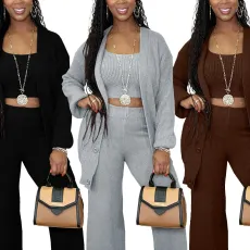 Casual knitted hanging bag cardigan long cape three piece set