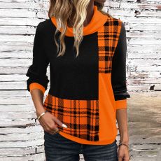 High necked plaid printed top with foldable double neckline casual long sleeved hoodie