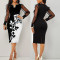 Fashionable V-neck printed mesh patchwork skirt, long sleeved slim fit, buttocks wrapped dress
