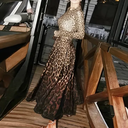 Leopard print elegant dress long sleeved round neck slim fit long skirt