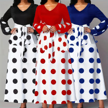Large size women's patchwork high waisted polka dot printed dress with a V-neck lace up design