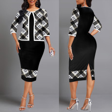 Large size women's fake two-piece plaid printed dress, spring and autumn mid sleeved split back mid length skirt