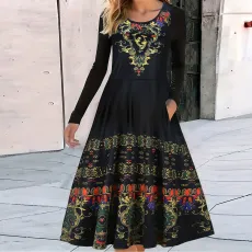 Oversized women's round neck long sleeved loose geometric pattern printed large hem dress