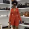 Waist tucked pleated patchwork mid length suit dress