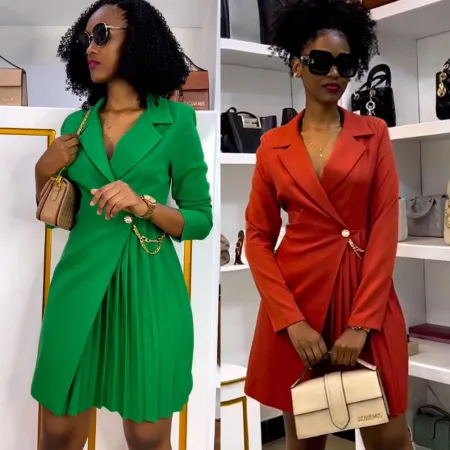 Waist tucked pleated patchwork mid length suit dress