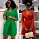 Waist tucked pleated patchwork mid length suit dress