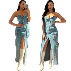 New 3D Pocket Sexy Bra Off Shoulder Tie Dyed Split Work Bag Dress