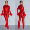 Fashion women's solid color mesh feather long sleeved pants two-piece set