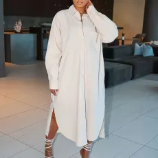 Fashion Large Size Casual Lapel Long Sleeve Pocket Jacket Long Shirt
