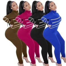Fashionable women's pants with contrasting color patchwork, high elasticity, sexy slim fit, long sleeved jumpsuit