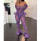 Sexy One Shoulder Printed Perspective Mesh Flare Sleeves jumpsuit
