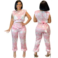 Sleeveless printed open navel pants set