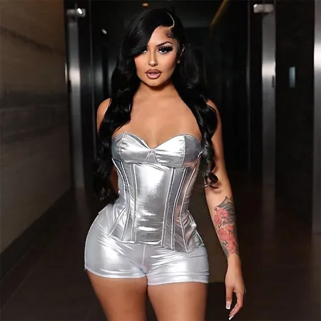 Fashion Faux Leather Metallic Body Contouring Bustier Casual Shorts Two Piece Set