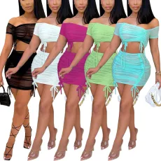 Solid color pleated drawstring mesh perspective drawstring short skirt set