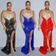 Fashionable women's solid color round neck sleeveless hot diamond long dress dress