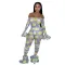 Sexy One Shoulder Printed Perspective Mesh Flare Sleeves jumpsuit