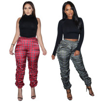 Digital printed plaid pile up pants for casual sports pants