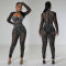European and American fashion women's solid color mesh hot diamond long sleeved pants jumpsuit