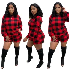 Fashion women's stock checkered printed long sleeved shorts set